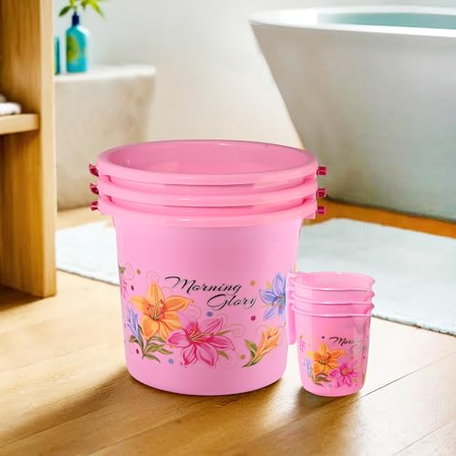 Image of Heart Home (Set of 6) Bathroom Bucket & Mug Set | Bathroom Combo Set for Bathroom, Hotels, Laundry (Each 3 Pieces) Bucket-18 L & Mug-500 ml Bathing Set | Bathroom Accessories Set | Pink
