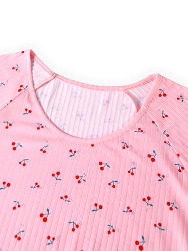 Image of Hilinker Women Cute Cherry Pajama Set Short Sleeve Top with Shorts Sleepwear 2 Piece Lounge Sets Pink Red Cherry Small