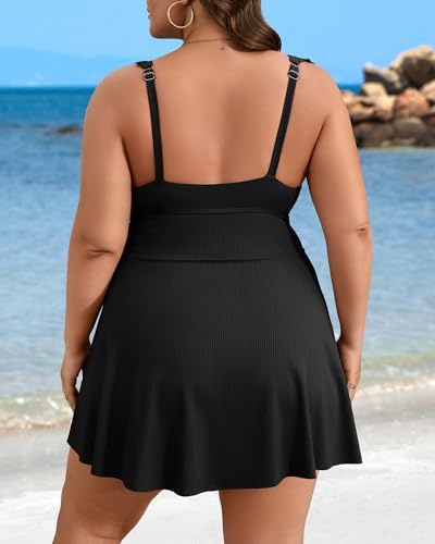 Charmo Ruffle Ribbed Plus Size Swimdress for Women One Piece Swimsuit Tummy Control Bathing Suit with Built-in Brief2