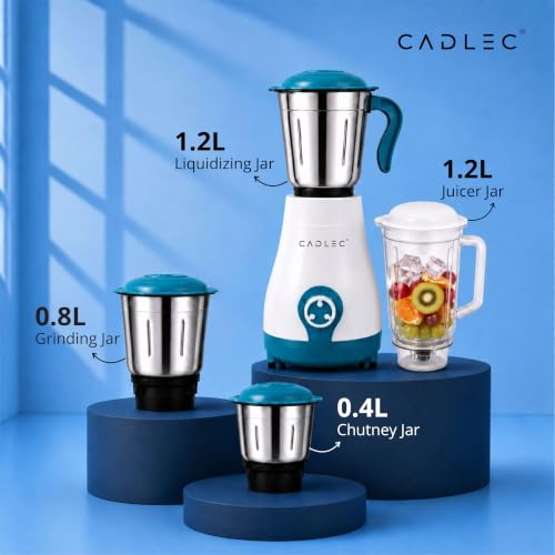 Image of Cadlec BlendCraft 4 Jar 750 Watt Mixer Grinder | High-Power Juicer, Blender & Mixer | Durable ABS Body | Multi-Function for Juicing & Blending | 2-Year Warranty, Blue & White