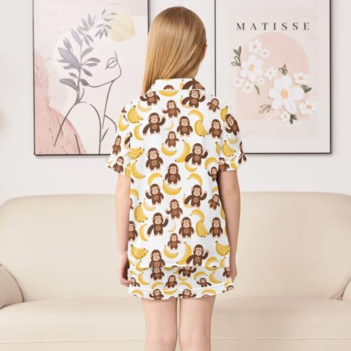 Orangutan Banana Pattern Summer Satin Pajama Set, Cute Button-Down Sleepwear Pj Set for Sleep Wears4