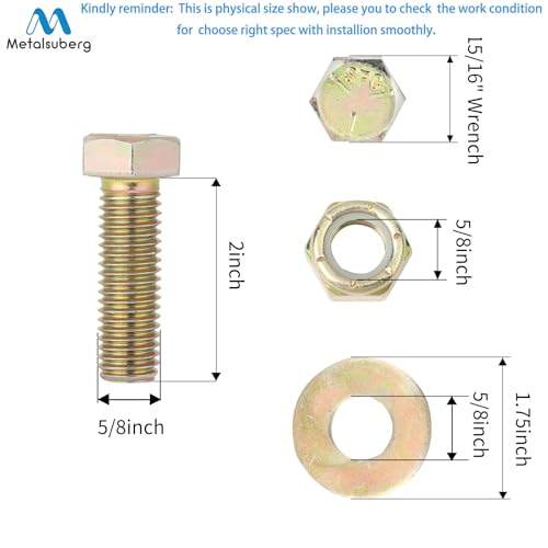 Image of 5 /8 inch x 2 inch Hex Head Bolt by Color Galvanization with Nylon Lock nut and Large Size Washer Assortment Kit,Alloy Steel,Grade 5.(6pcs Pack). by Metalsuberg