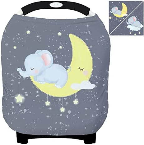 Two Pattern in One Baby Car Seat Covers, Multi-Purpose Nursing Cover Carseat Canopy for Breastfeeding (Moon & Elephant)