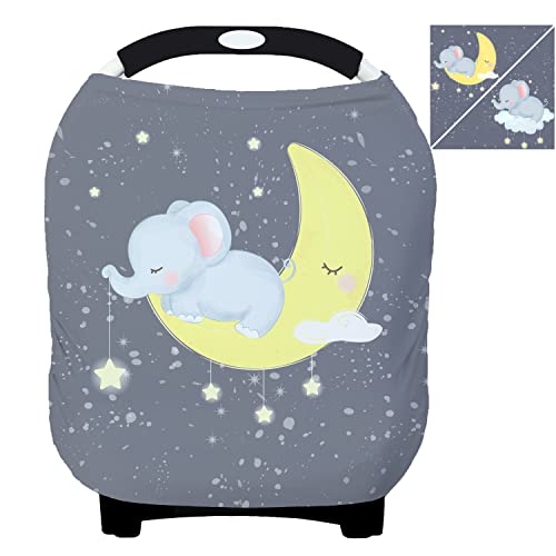 Image of Two Pattern in One Baby Car Seat Covers, Multi-Purpose Nursing Cover Carseat Canopy for Breastfeeding (Moon & Elephant)