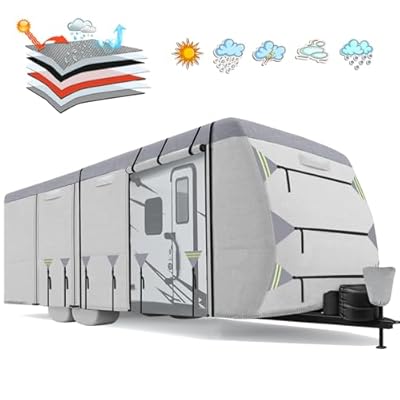 HAHASOLE Travel Trailer RV Cover, 900D Oxford Top, 22'-24' Extra Thick 7 Layers Waterproof RV Cover, Windproof Camper Cover with Zippered Door, Tongue Jack Cover, Gutter Cover, Tire Cover, Straps