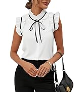 BEAUDRM Women's Elegant Bow Front Ruffle Trim Mock Neck Flounce Cap Sleeve Button Front Regular F...