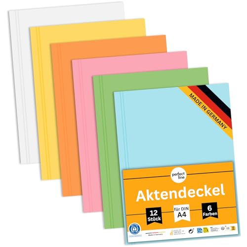 perfect line - 12 Aktendeckel DIN A4 - stabile Papp-Hefter aus Recyclingkarton, 250g/m², 6 Farben - umweltfreundlich, Blauer Engel zertifiziert, Made in Germany