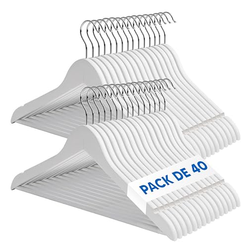 Mundo Home 40X Perchas Madera Blanca Maciza para Ropa - Perchas de Madera con Gancho Giratorio 360º - Perchas para Pantalones, Camisa, Traje, Vestidos - Colgadores de Ropa Antideslizante para Hogar