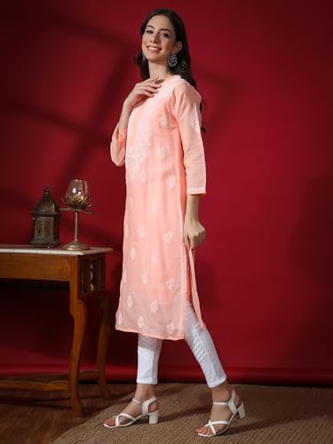 Image of Seva Chikan Hand Embroidered Lucknowi Chikankari Cotton Kurta Kurti for Women SCL4302