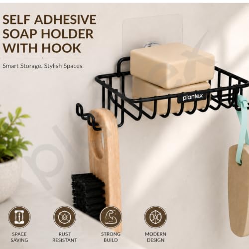 Image of Plantex Self Adhesive GI Stee Soap Holder with Hook for Bathroom /Soap Stand /Wall Mounted Soap Holder Bathroom Accessories - (Black)
