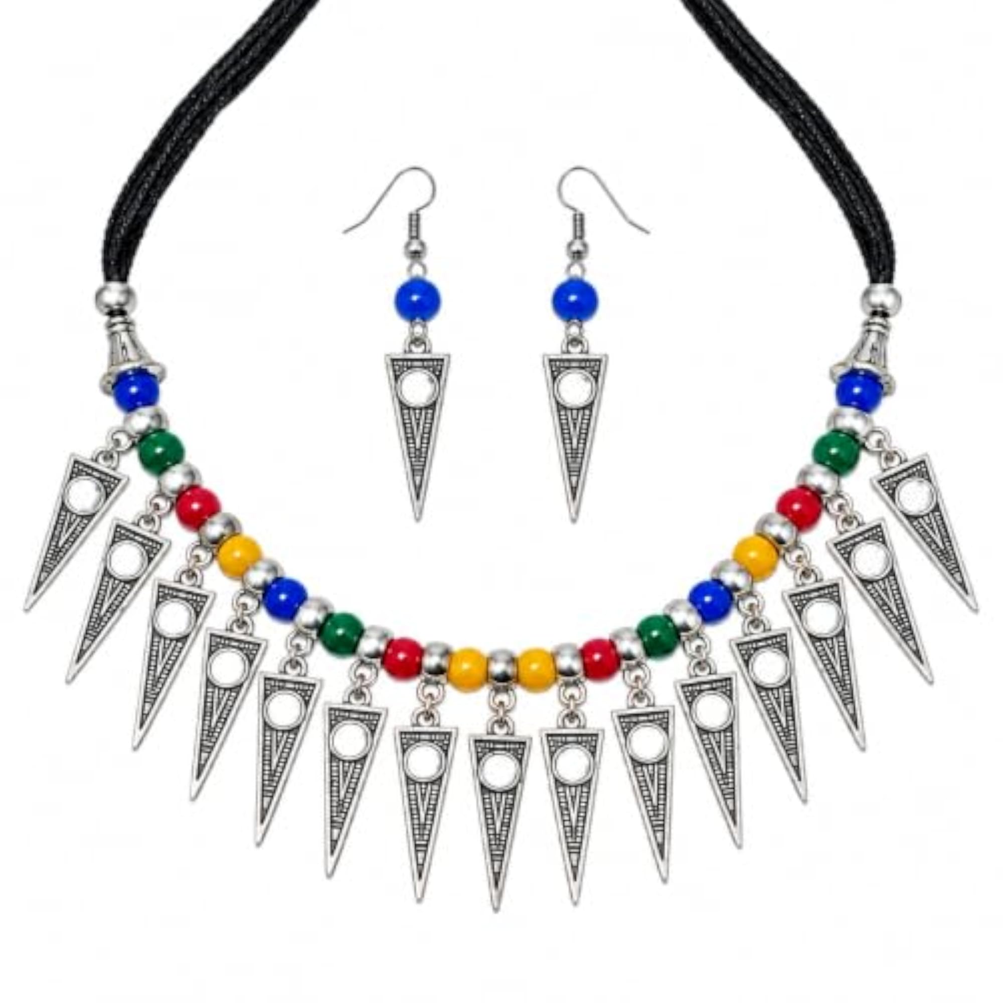 Amazing Oxidised Silver Finish Multicolour Beaded Triangle Dangler Necklace Set