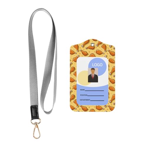 Nuzjahu Cute Cartoon Fried Chicken Print Leather ID Badge Holder with Lanyard Vertical Waterproof ID Badge Holder for Office School Work Badges, Cruise Ship Cards, Pass Cards