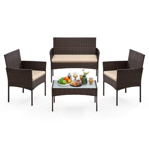 SONGMICS Balkonmöbel, Gartenmöbel-Set, aus PE-Polyrattan, Lounge-Set, Terrassenmöbel, Outdoor, für Terrasse, Balkon, Garten, braun-Taupe GGF004K05