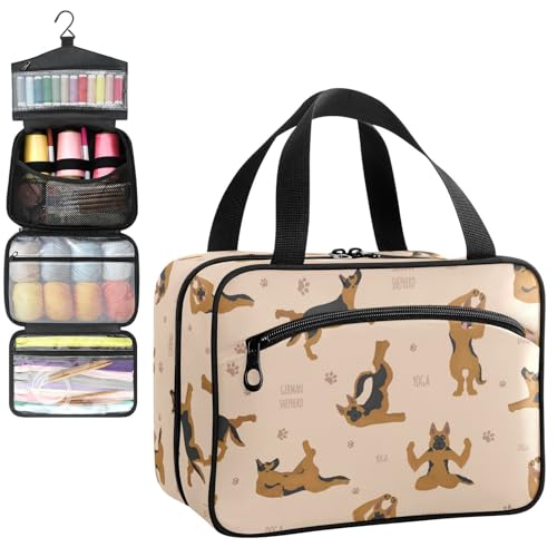 YNNALE Sewing Supply Organizer Bag, Tan Brown German Shepherd Funny Yoga Dogs Portable Sewing Bags with Pockets&Hanger, Sewing Storage Box Case for Sew Supplies/Kit/Tools/Accessories (BAG ONLY)