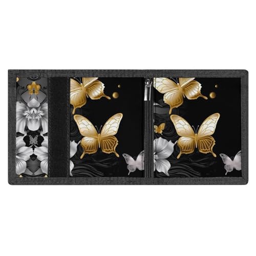 Gold White Butterflies Black Trifold Wallet, Card Cases And Money Oganizer Thin Stylish Mini Coin Bag with Zipper Coin Pocket Credit for Men And Women4