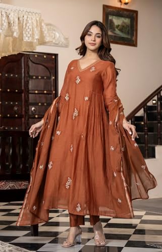 Image of KLOSIA Women Embroidery Solid Anarkali Kurta and Pant Set with Dupatta