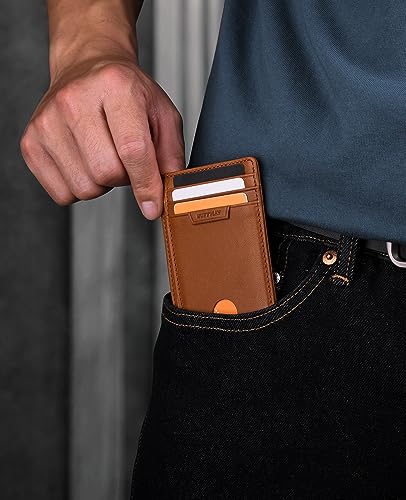 Image of Buffway Slim Wallet for Men Women Minimalist Small Leather Front Pocket Wallets with RFID Blocking and Gifts Box - Bassa Brown