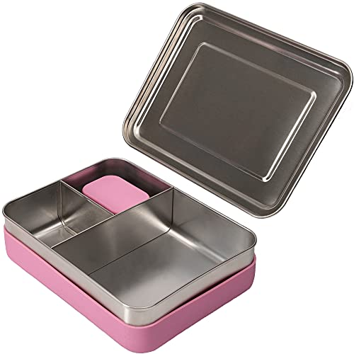 Weesprout 18/8 Stainless Steel Bento Box (Large) - 3 Compartment Metal Lunch Box, Skid-Proof Silicone, For Kids & Adults, Bonus Dip Container, Fits In Lunch & Work Bags, Dishwasher & Freezer Friendly #TOP2