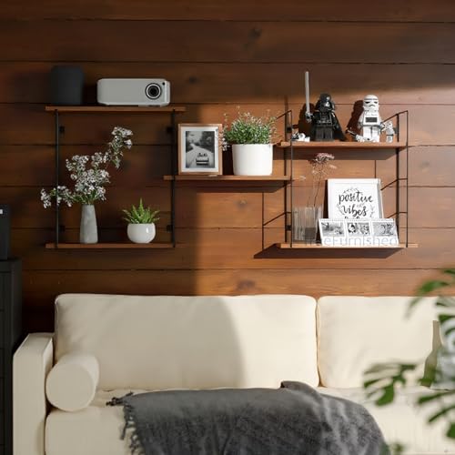 Image of Floating Shelves for Living Room Bedroom Bathroom Kitchen White Rustic Wood Wall Mounted Shelves with Metal Brackets, Storage Shelves for Wall Decor Set of 4-Brown