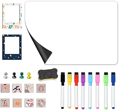Magnetic Dry Erase Board for Fridge, HOMiDEK 12"x8" Small Magnetic Whiteboard for Refrigerator with 5 Markers, 1 Eraser, 4 Pins, 8 Icons, 2 Photo Frames