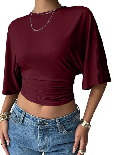 LOLONG Crew Neck Half Sleeve Ruched Crop T Shirts for Women Summer Ladies Casual Cinched Waist Solid Tees Tops Trendy Burgundy