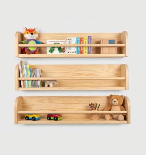 Image of Decazone Nursery Wall Shelves Set of 3, Solid Pine Wood Floating Bookshelves for Kids Room, Bathroom, Kitchen & Living Room - Multipurpose Wall Storage & Display Rack (Natural Finish)