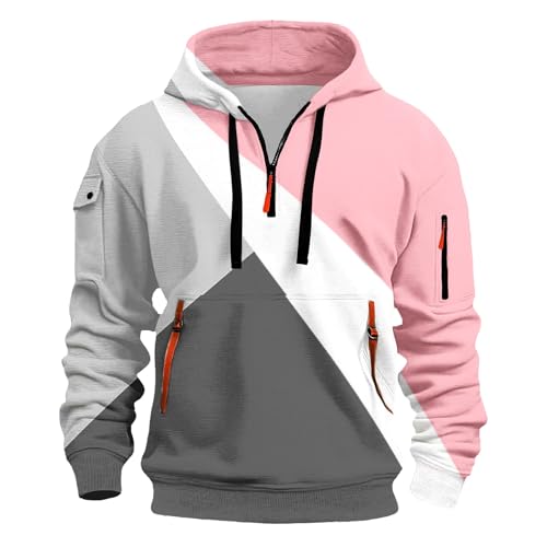 Men's Color Block Hoodie Sweatshirt Quarter Zip Long Sleeve Drawstring Hooded Shirt Urban Exploration Casual Blouse Plus Size