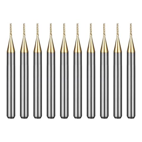 WEXWE Tools 10Pcs 0.6mm TiN Coating Solid Carbide End Mill Engraving Milling Cutter CNC Router Bits for PCB Machine, 1/8" Shank 1BOX Cover