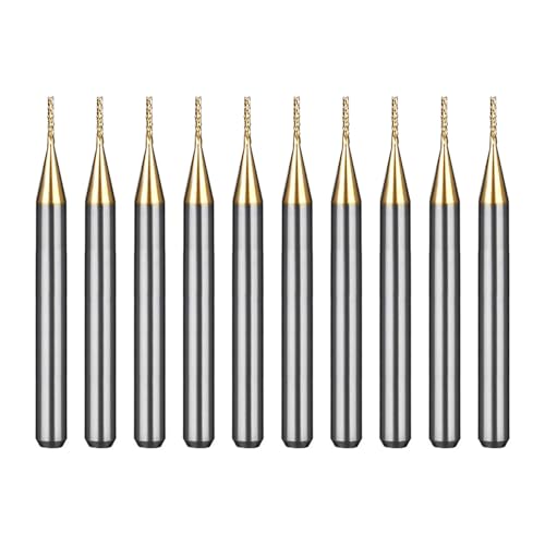 WEXWE Tools 10Pcs 0.6mm TiN Coating Solid Carbide End Mill Engraving Milling Cutter CNC Router Bits for PCB Machine, 1/8