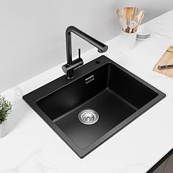 Fregadero Cuarzo Negro CECIPA Fregadero de Cocina Negro 55x45cm, 80% Arena De Cuarzo Fregadero de Granito, Fregadero Empotrado de 1 Cuba, Fregadero de Cocina Incl Sifón Y Desagüe Superior