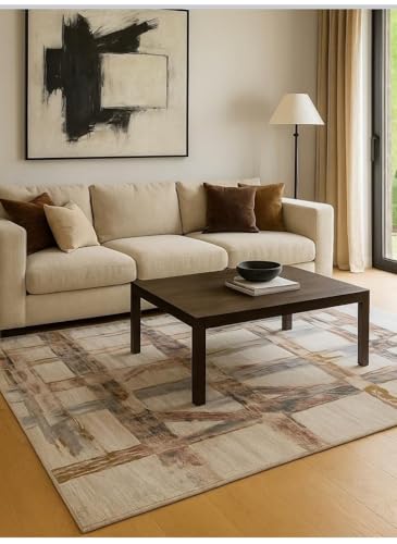 Image of 6x9 Feet (180x270 CM) Carpet for Living Room Hall & Bedroom - Cobalt Walnut Modern Abstract Geometric Silk-Touch Luxury Hotel-Style Washable Anti-Skid Turkish Area Rug