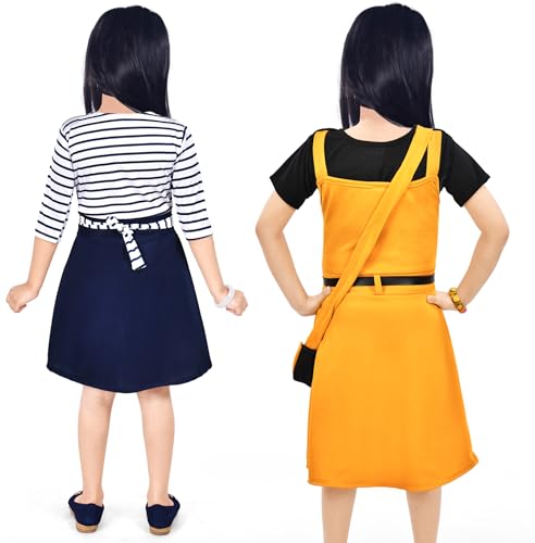 Image of NAIVETY Cotton Blend Casual Short Sleeve Midi Fit and Flare Dress for Girls Kids, Pack of 2