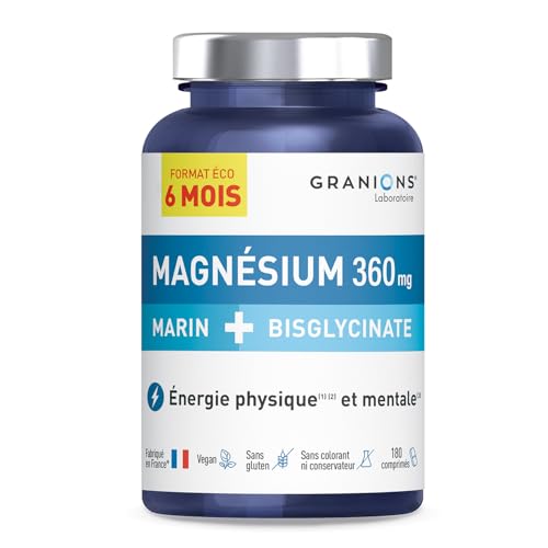 GRANIONS - Magnesium Bisglycinate + Magnesium Marin - FORMAT 6 MOIS | Magnésium Marin + Magnésium Bisglycinate + Vitamine B6 | Magnesium de Haute Qualité |...