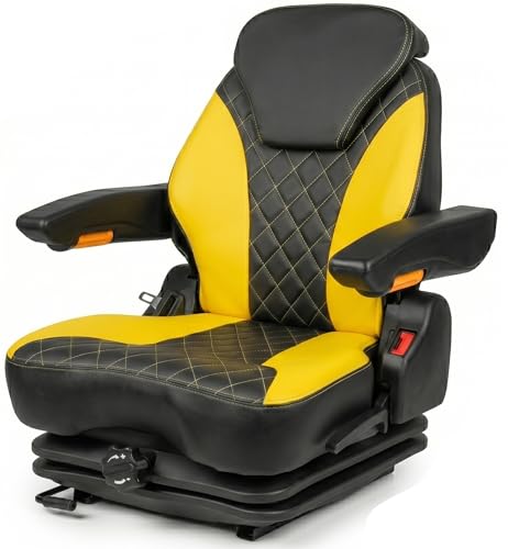 Tractor Suspension Seat Heavy Duty High Back Zero Turn Mower Seat with Shock Absorber Diamond Quilted Adjustable Backrest & Armrests Universal Fit for Toro Cub Cadet Zero Turn Mower Forklift