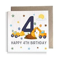 Second Ave 4th Birthday Age 4 Children's Kids Baby Digger Square Card For Boy or Girl Birthday