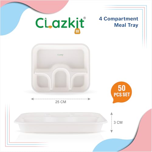 Image of Clazkit 50 Pack, 4-Compartment Disposable Meal Tray | Compostable Bagasse Plates | Eco-Friendly Biodegradable Dinner Plates | Party, Wedding, Event Plates, White