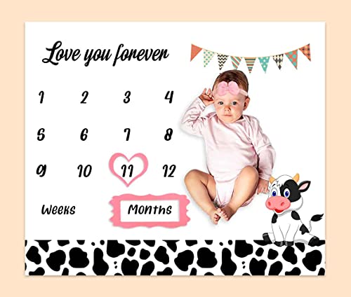 Image of PHMOJEN Cow Milestone Blanket for Baby Boy, Farm Animals Cow Print Photography Background Newborn First Year Growth Blanket for Baby Pictures Include 4 Frames and 1 Headband 48"x40" BTYYPH46