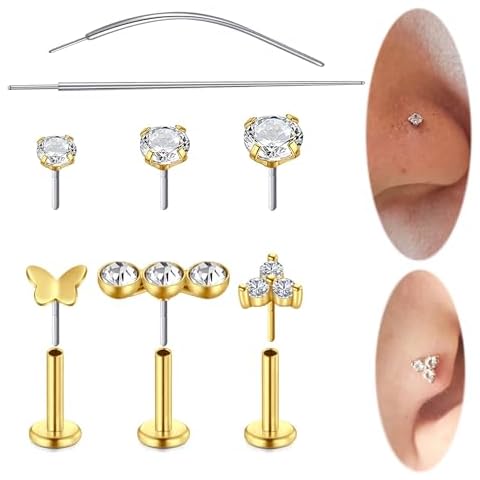 Longita Gold Threadless Nose Stud 20g Flat Back Nose Stud 20g Cartilage Earring Nose Earrings Flat Back Earrings Flatback Nose Stud 20 Gauge Push in Nose Stud Labret Nose Rings with Backs 6mm Cover