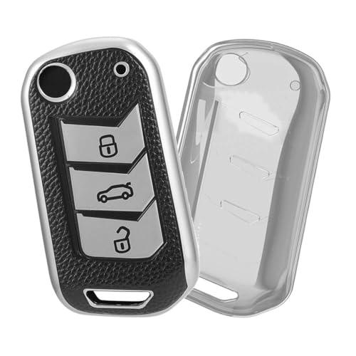 Image of keyzone TPU Key Cover combo compatible for Mahindra Thar, Bolero, Scorpio, XUV700, XUV400, XUV300, TUV300, Marazzo 3 button flip key (Clear TPU + Leather TPU)