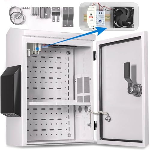 Outdoor Electrical Box with Thermostat and Fan, Cold-Rolled Steel Plate, Aluminum Alloy Back Beam, One-Piece Ventilation Design, IP65 Waterproof, Wall/Pole Mounted. (15.7' x 11.8' x 5.9')