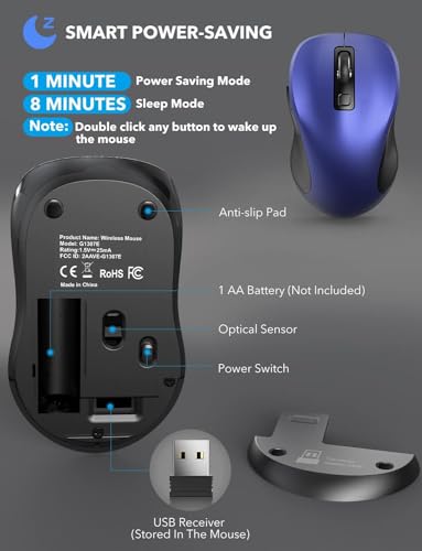Image of Trueque Wireless Mouse for Laptop, Ergonomic 6-Button Mouse, Deep Blue | 2.4GHz USB receiver, back /forward buttons, 3 adjustable DPI levels, silent clicks, USB-C adapter, Windows /Mac /Chrome OS /Linux