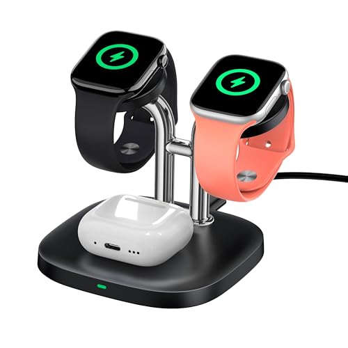 Dual Watch Charger with Fast Charging for Apple Watch SwanScout 704A 3-in-1 Wireless Charging Station Stand for Apple Watch Ultra 3/11/10 Wireless Charger Dock for AirPods Pro 3/4 (Black & Silver)