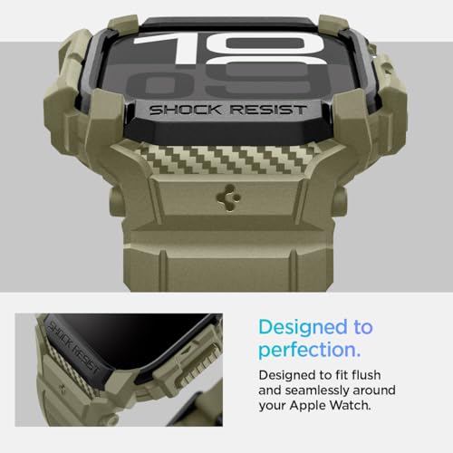 Image of Spigen Case with Strap Band for Apple Watch Series 11 /10 46mm, Rugged Protection, Flexible(Rugged Armor Pro) - Vintage Khaki