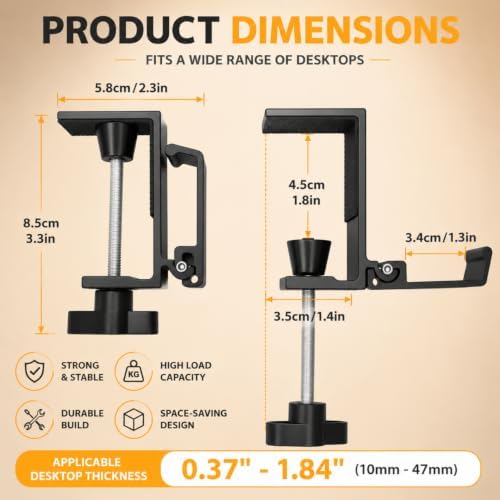 JAKO Headphone Stand for Desk, Aluminum Alloy Foldable Headphone Holder - Headset Stand Hook Mount, PC Gaming Headset Holder Under Desk Clamp for Office, Computer, Student Class Table, Handmade Table - 5