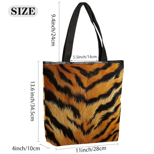 Animal Tiger Print Canvas Tote Bag for Women Large Tote Bag with Zipper & Pockets Canvas Beach Bag Shoulder Bag Reusable Shopping Bags Cute Tote Bags for Work Travel2