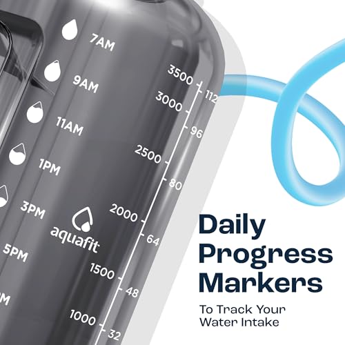 AQUAFIT 4 Litre Water Bottle with Straw - Water Bottle 4L with Time Marker - One Gallon Big Bottle with Straw - Large Bottle For Gym - 2-in-1 Lid, Grey Fade