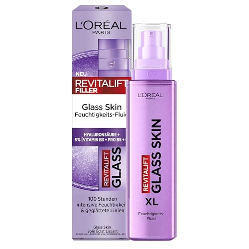 LOréal Paris Glass Skin Feuchtigkeits-Fluid für aufgepolsterte & glowy Haut mit Hyaluronsäure + 5% [Vitamin B3 + Pro B5 + C] Anti-Aging Gesichtsfluid [Amazon Exclusive] Revitalift Filler 70ml
