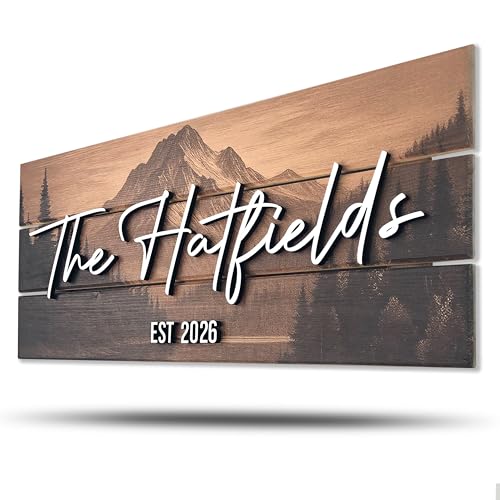 Custom Mountain Family Name Sign - Rustic Wood Wall Decor Personalized Wedding & Gift for Couples Anniversary Housewarming Gift for New Home 23x10 (Standard Size)