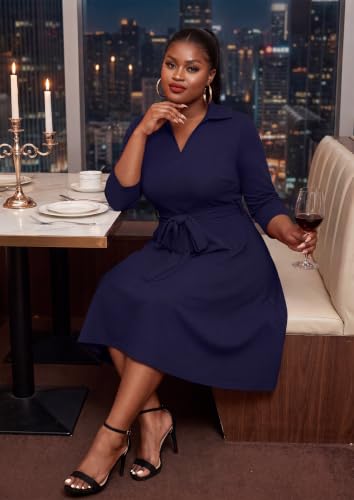 Image of FANDEE Plus Size Midi Dress for Women - Printing Summer Dresses for Wedding Guest Cocktail Party 3 /4 Sleeve V Neck(L-5XL)
