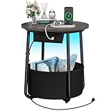 Yoobure Small Side Table, LED Night Stand with Charger Station, Round End Table Side Tables Living Room with Fabric Basket, Bedside Table End Tables Bedroom, Storage Accent Table for Small Spaces